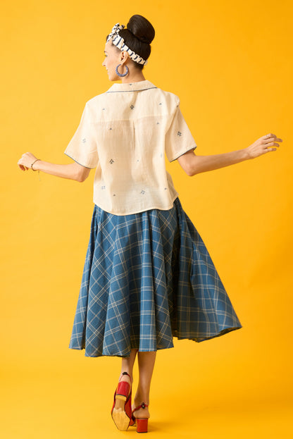 Cotton Midi Skirt In Blue And White Checks